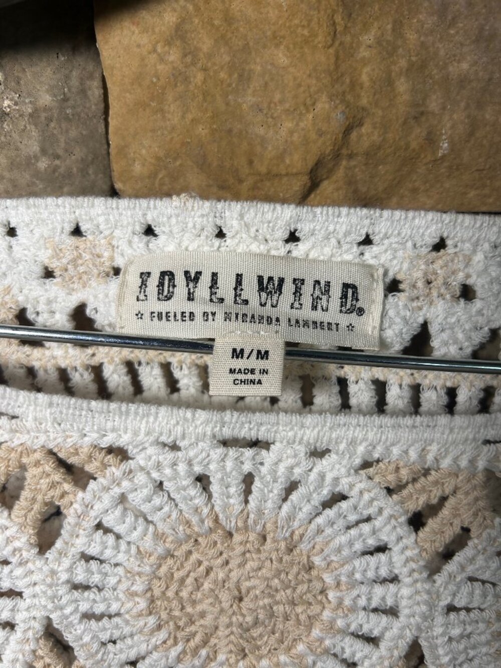 Idyllwind White and Tan Boho-Inspired Crochet Knit Crop Top w Bell Sleeves - Picture 2 of 5